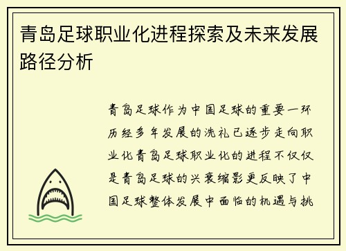 青岛足球职业化进程探索及未来发展路径分析